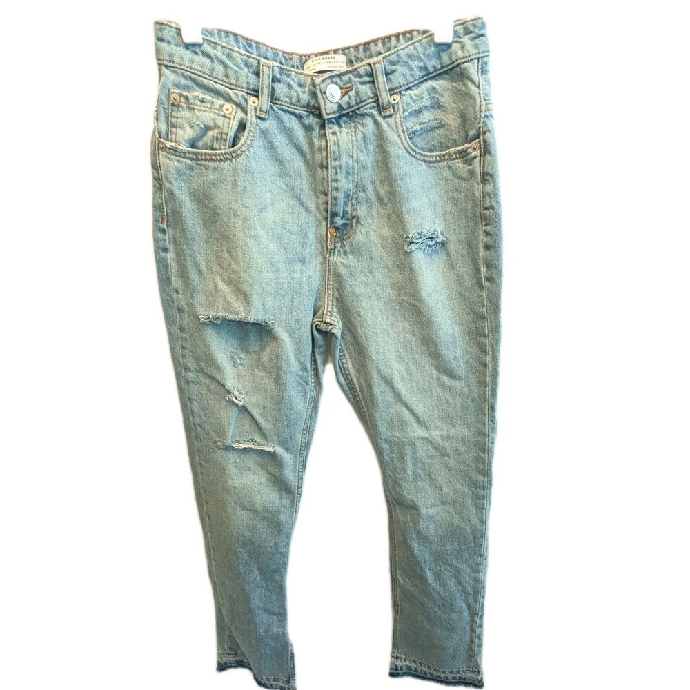 ZARA Woman Premium Denim Collection Sz 4 (27x28) Mid Rise Ripped Straight Raw